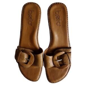 bolo‎ Tan Leather Slides w/Wide Buckle, Low Heel, Size 6